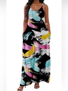 Colorful Graffiti Sundress with Pockets Maxi Dress- 2XL